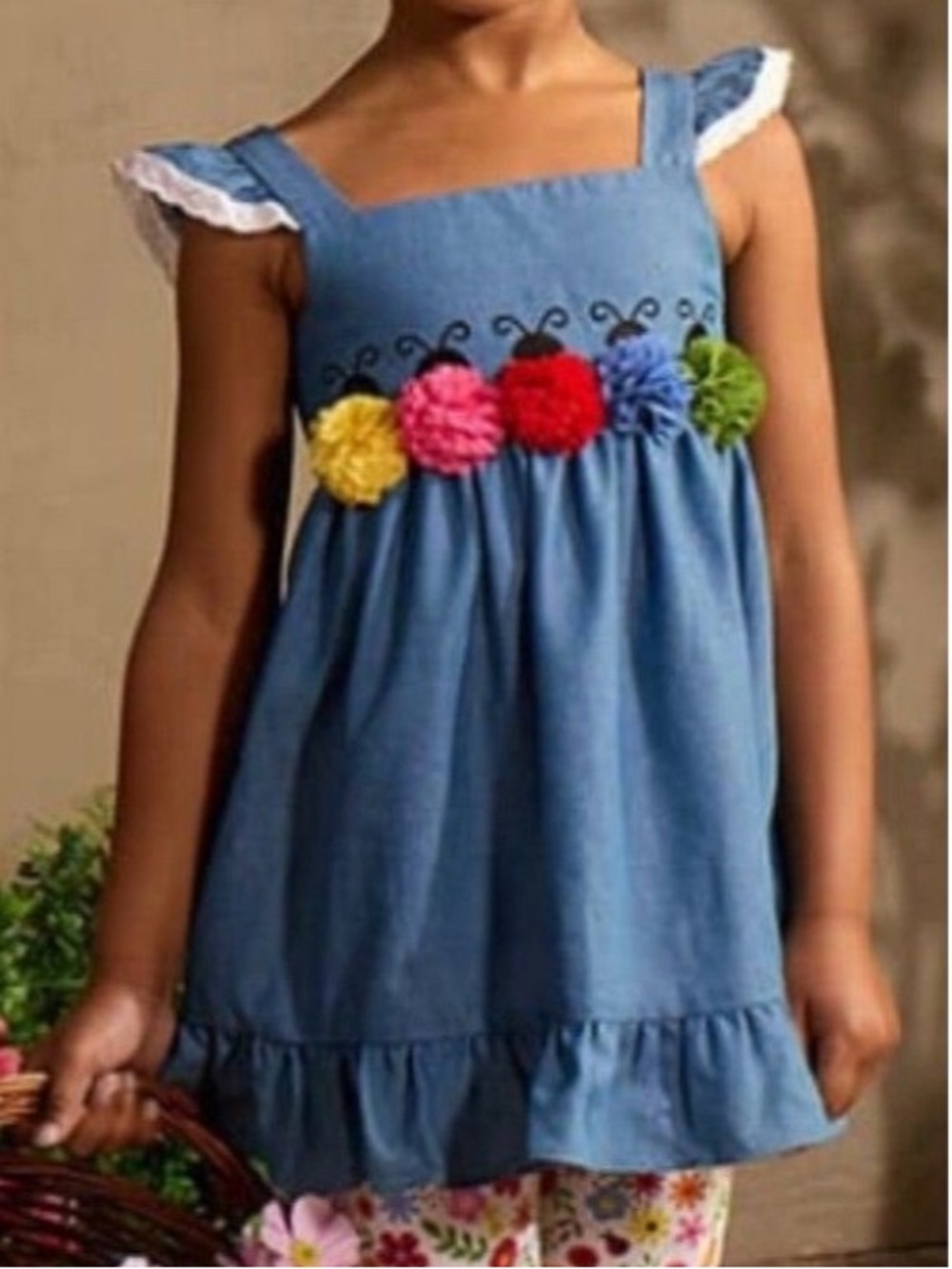 Good Lad 4T Lady Bug Floral Dress Chambray Ruffle Lace Shoulder Straps Summer